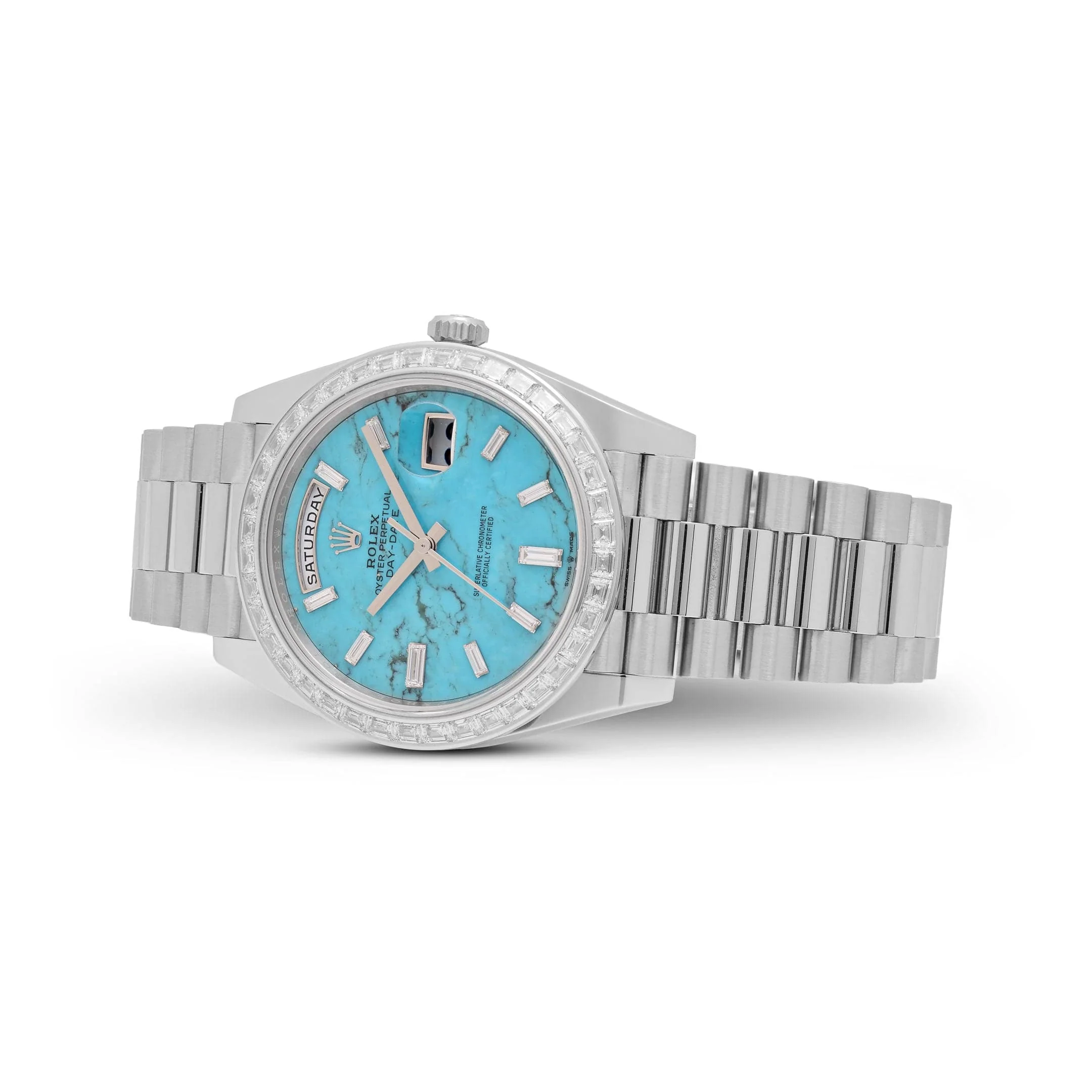 Rolex Day-Date 40 228396TBR Platinum Turquoise Stone Diamond Baguette Dial and Bezel (2025) - Image 4