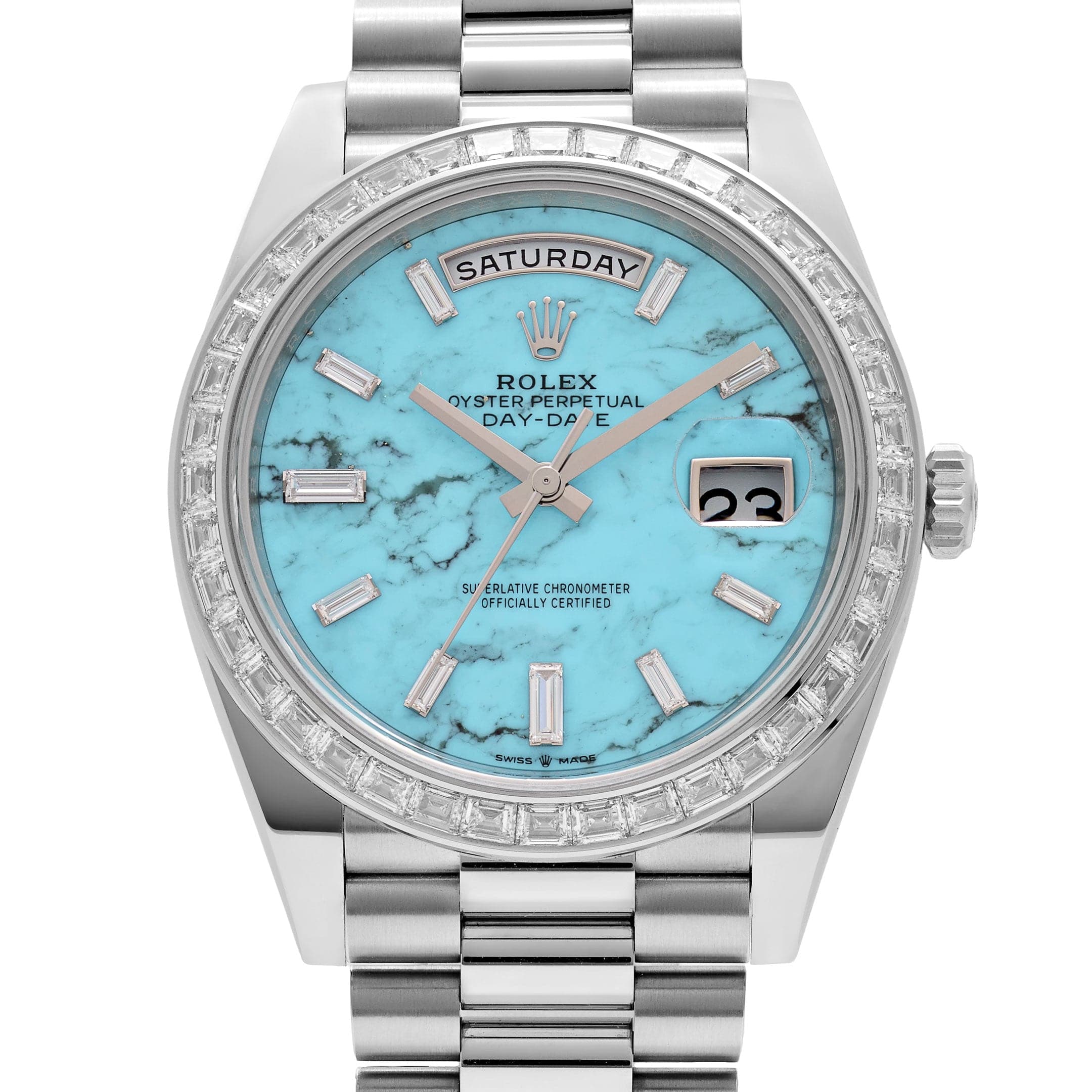 Rolex Day-Date 40 228396TBR Platinum Turquoise Stone Diamond Baguette Dial and Bezel (2025) - Image 5