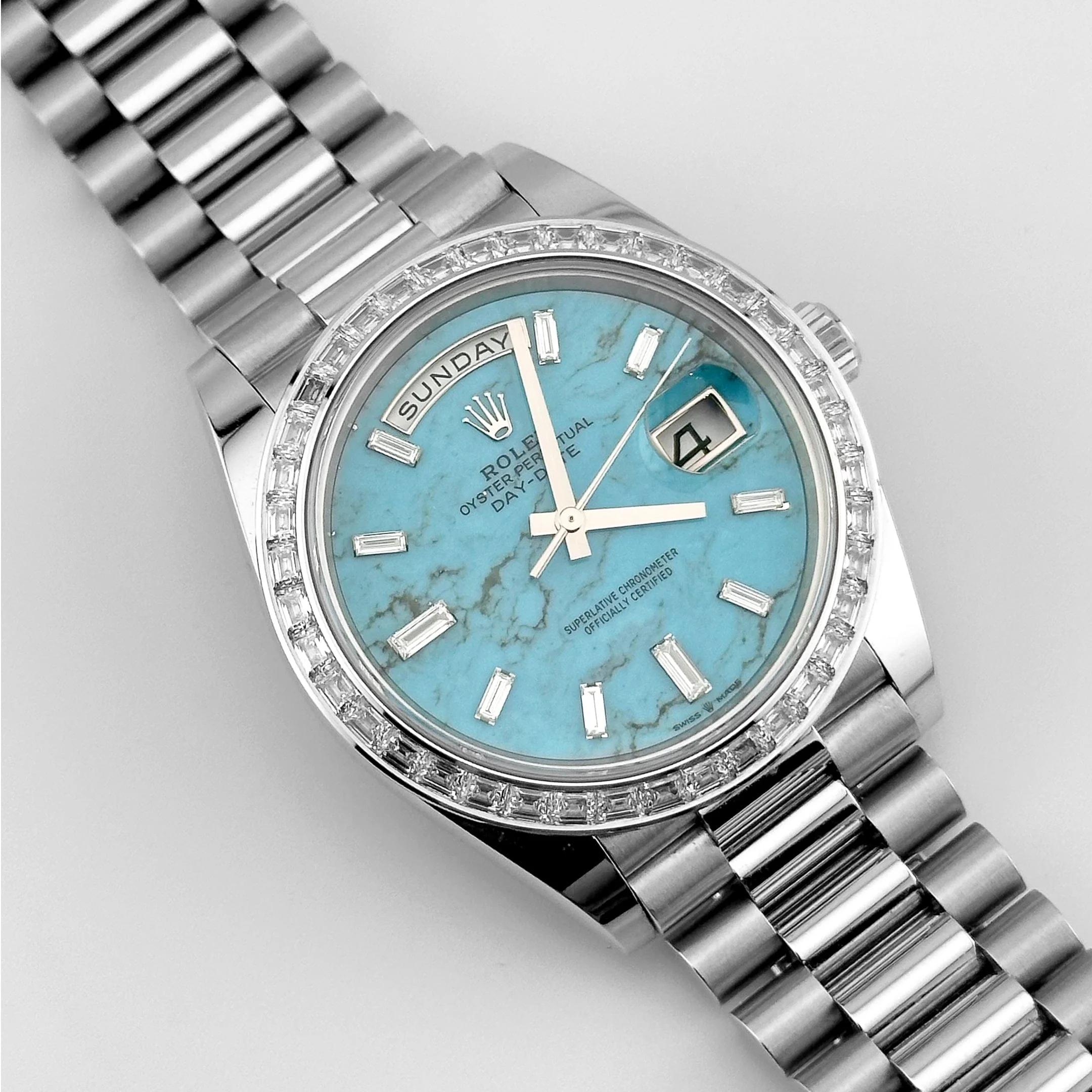 Rolex Day-Date 40 228396TBR Platinum Turquoise Stone Diamond Baguette Dial and Bezel (2025) - Image 6