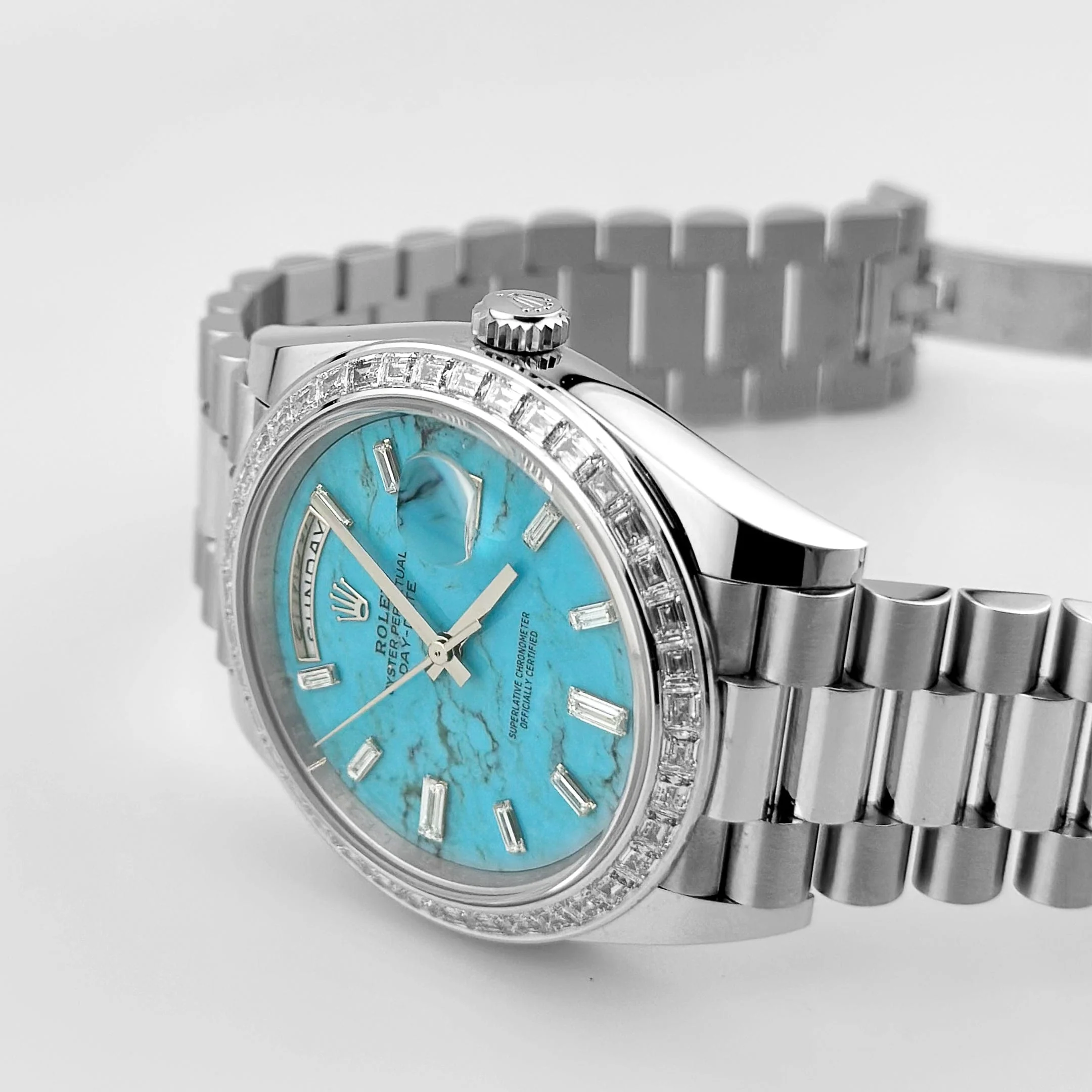 Rolex Day-Date 40 228396TBR Platinum Turquoise Stone Diamond Baguette Dial and Bezel (2025) - Image 7