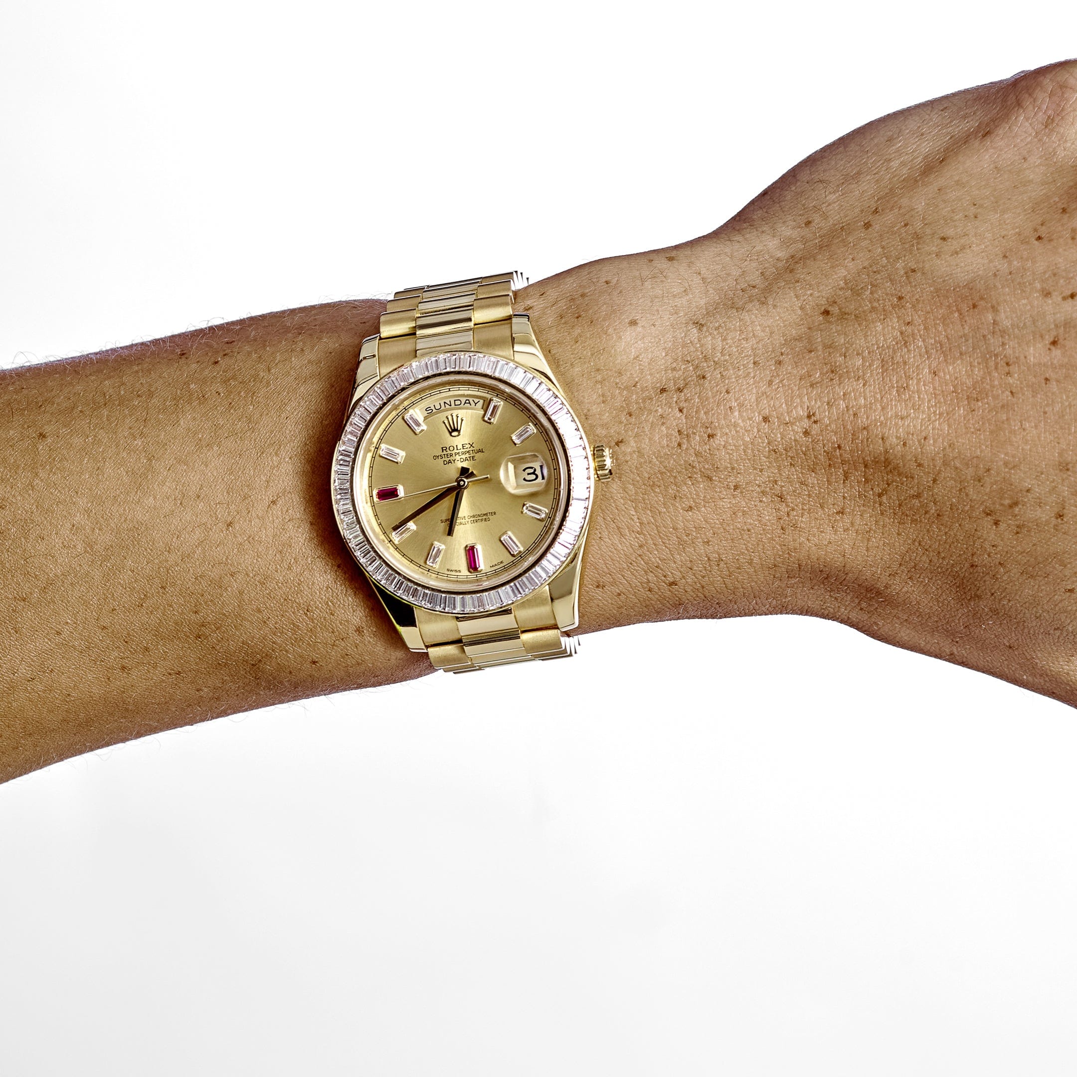 Rolex Day-Date II 218398 Yellow Gold Champagne Ruby Dial Diamond Bezel (2010) - Image 2