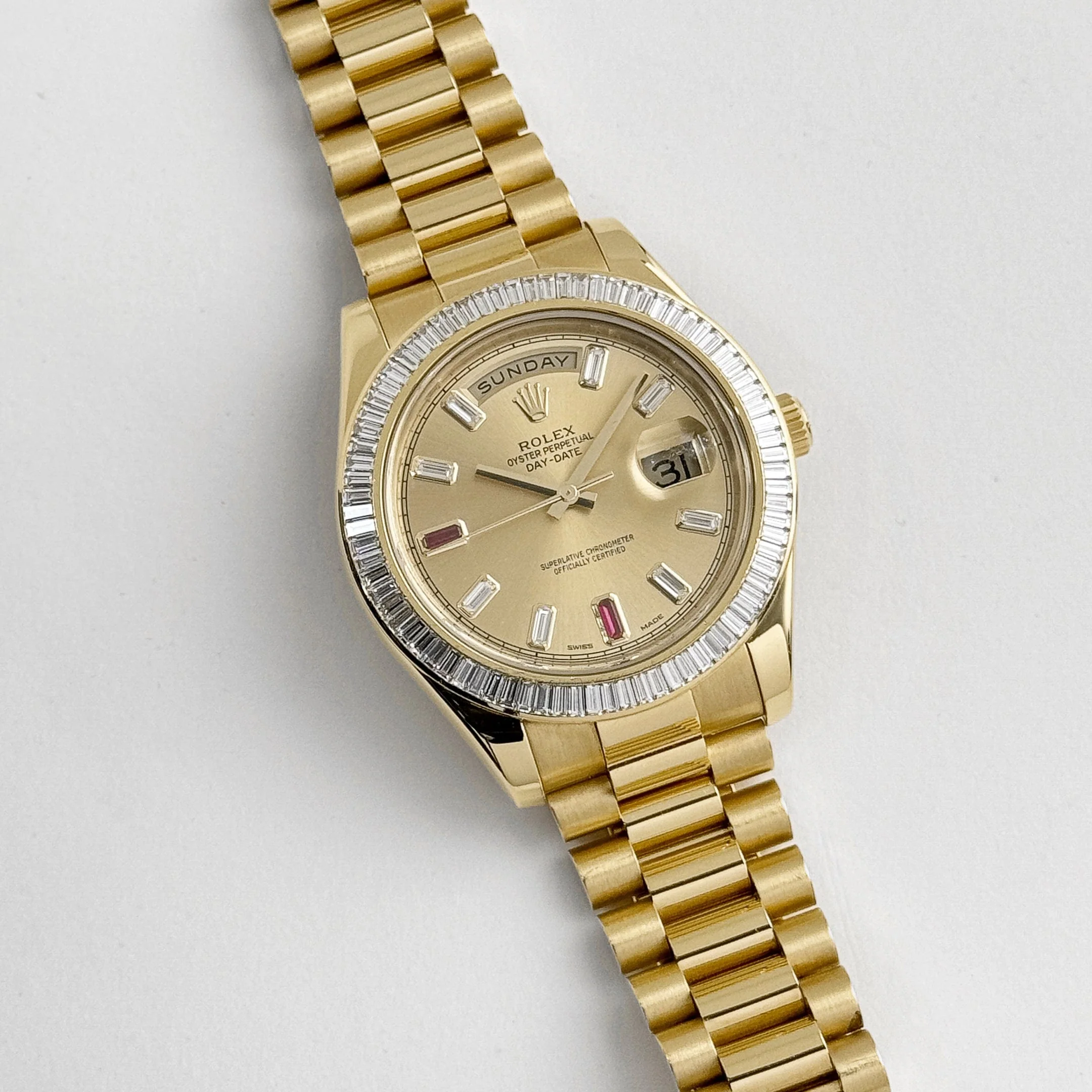 Rolex Day-Date II 218398 Yellow Gold Champagne Ruby Dial Diamond Bezel (2010) - Image 3