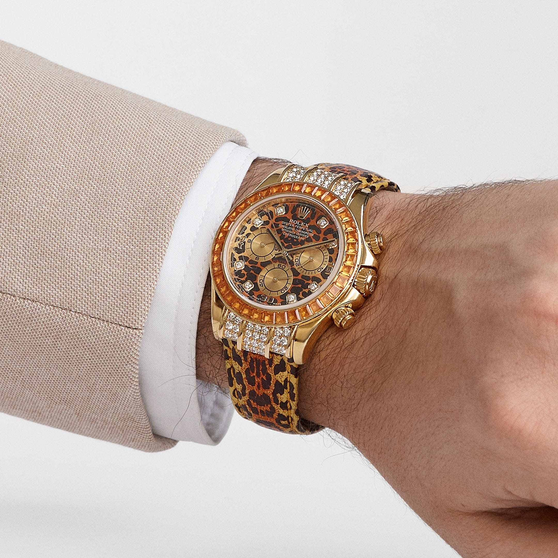 Rolex Daytona 116598SACO Yellow Gold 'Leopard' Diamond Dial Cognac Sapphire Bezel - Image 2