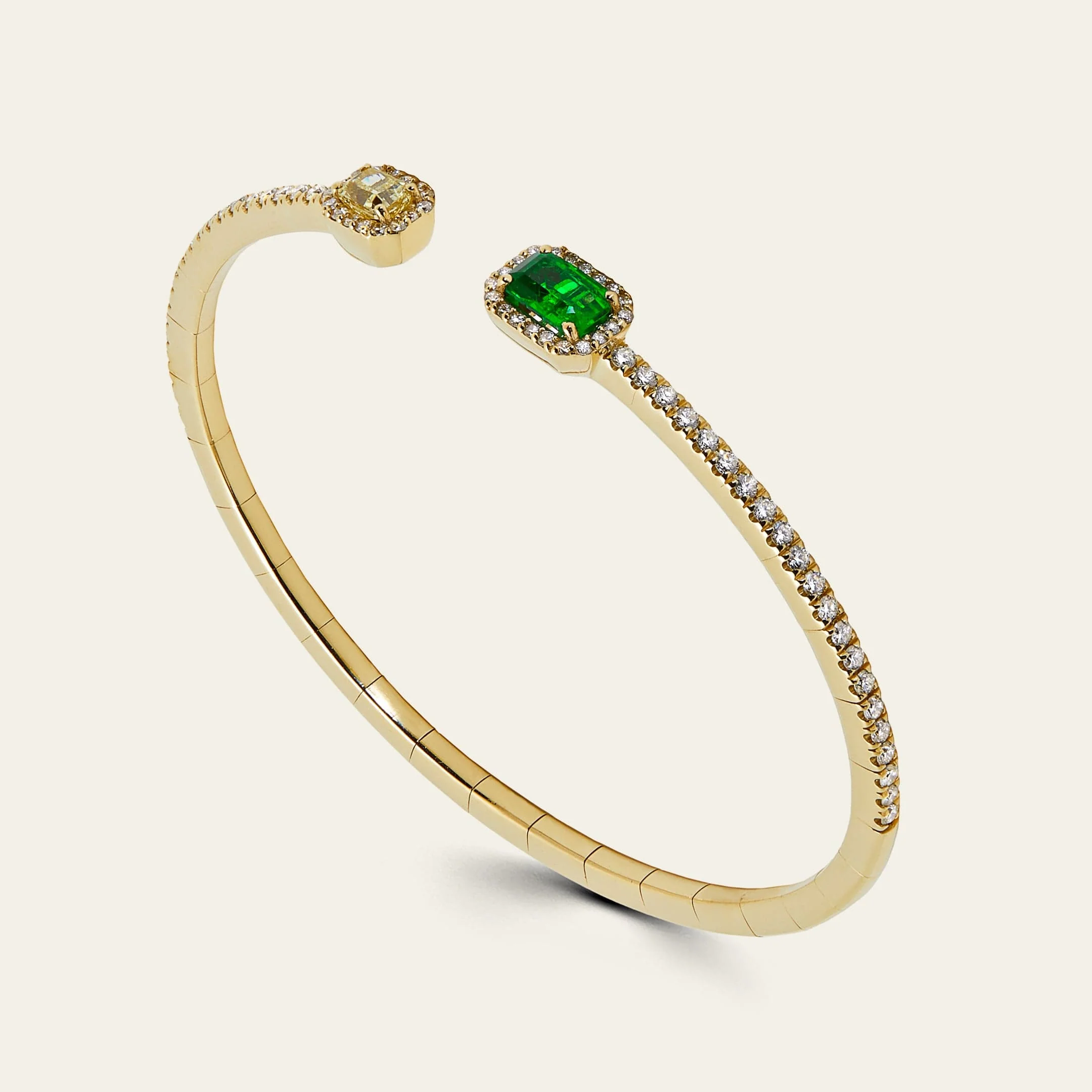 Yellow Diamond and Emerald Flexible Open Bangle - Image 3